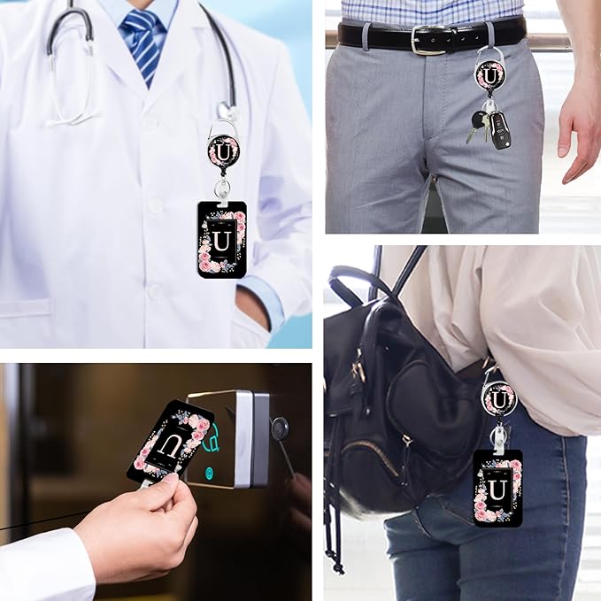 A-Z Badge Holder with Retractable Reel and Breakaway Lanyard Badge Clips Retractable Heavy Duty Badge Reel,Keychain,ID Holder with Breakaway Lanyard for School Nurse Office Teen U