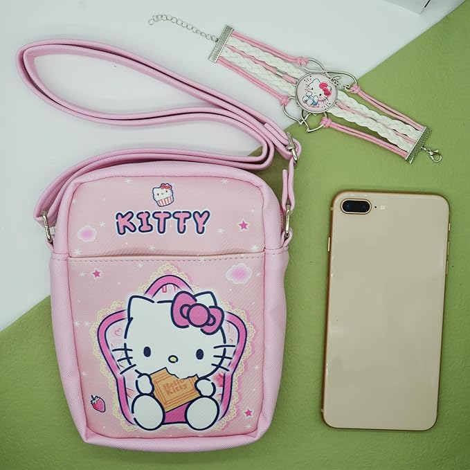 Cute Kitty Cat Crossbody Bag with Adjustable Shoulder Strap and Bracelet Charm, Kawaii Handbag with Zipper, Cat Wallet Purse Shoulder Bag Coin Pouch Accessories for Women Girls