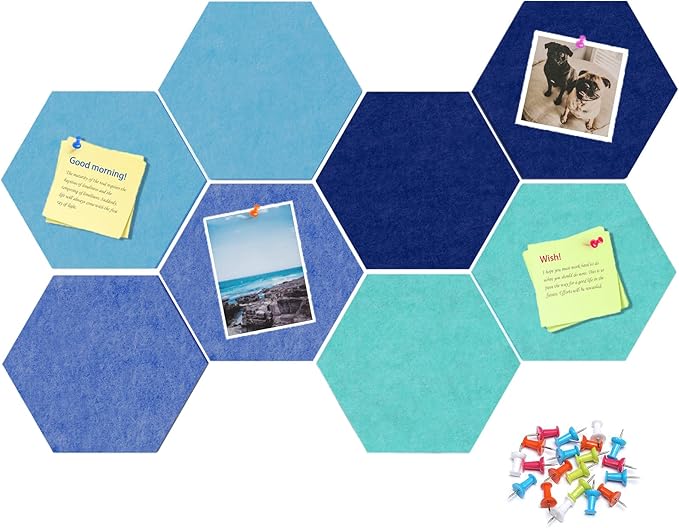 12" Large Bulletin Board with 30 Push Pins, Pack of 8 Hexagon Felt Pin Board Notice Boards for Home Office Kitchen, Felt Wall Tiles for Photos Memos (Dark Blue)