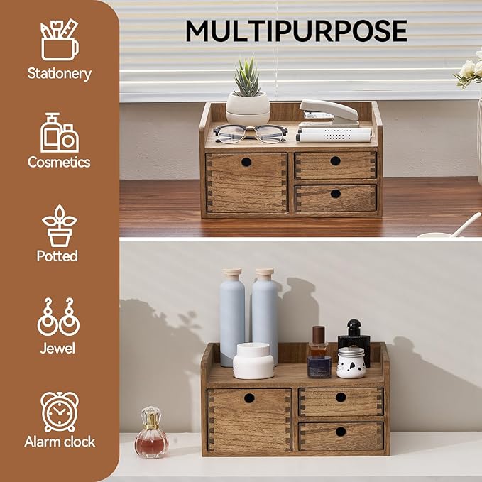 KIRIGEN Desk Organizer with 3 Drawers - Wood Drawer Storage Box with Trays for Tabletop - Workspace Office Toiletries Supplies Tool Caddy - Wooden Storage Cabinet1 Layer Dark Brown(DT1D3C-DBR)