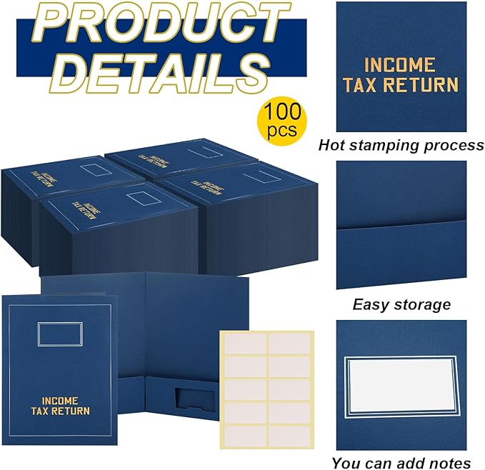 Kisston 100 Pcs Tax Return Folders Bulk 2 Pocket Gold Foil Stamped Income Tax Folders with Blank Labels Business File Office Organizer (Blue)