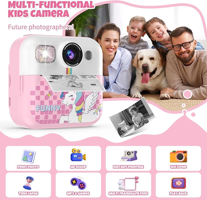 Kids Camera,Toddler Camera Instant Print Toys,1080P Children Printable Camera,Pink Selfie Camera Christmas Birthday Gifts for Girls Boys Age 3-10 with 3 Roller Photo Paper