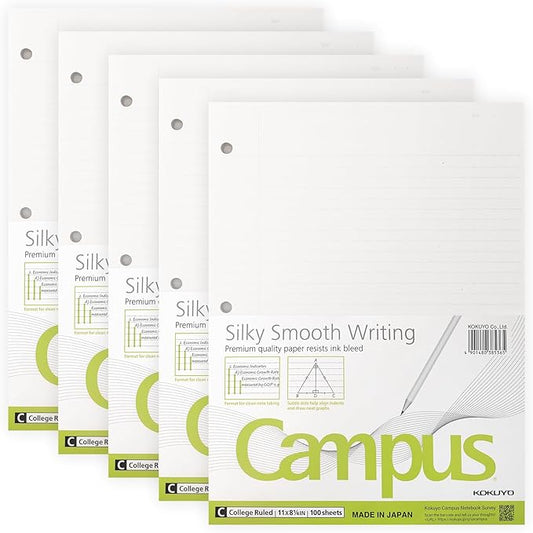 Kokuyo Campus Loose Leaf Paper for 3 Ring Binders, Smooth Writing Lined Paper, 500 Sheets, 11” x 8-1/4”, College Ruled, Bleeding-Resistance, School Suppliers, Made in Japan (WSG-NO-887G1)