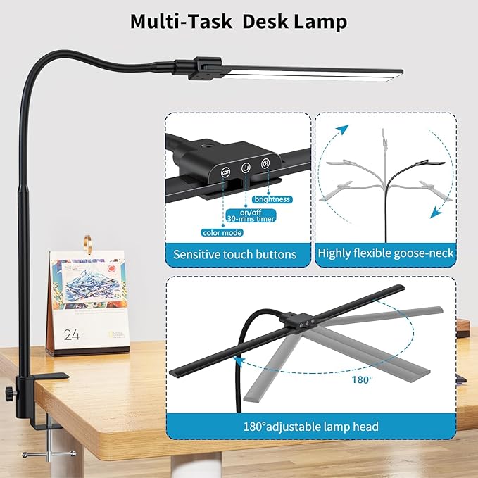 KableRika Desk lamp,Double Head LED Desk Lamp with Clamp,Architect Desk Lights for Home Office,Eye-Caring Desktop Office Lamp 4-Brightness 4-Color Table Lamp for Monitor Workbench Study Reading