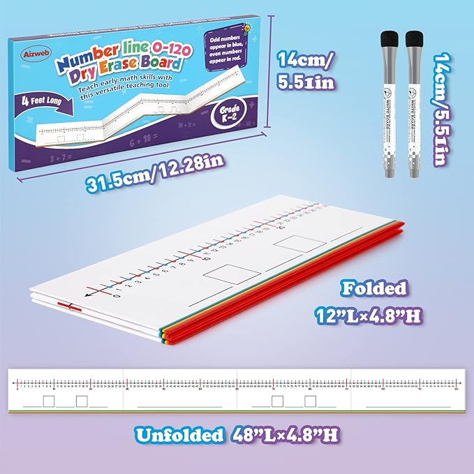 Aizweb 0-120 Dry Erase Number Line Board,Addition & Subtraction Game,Desk Whiteboard Number Chart Math Manipulative Game for Kid Age 4-8,Educational Learning Game for Kindergarten 1st Grade Homeschool