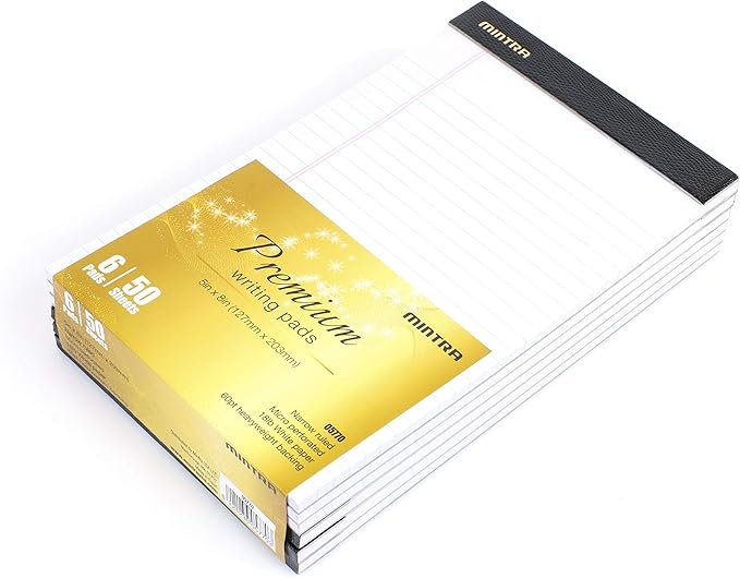 Mintra Office Legal Pads - ((PREMIUM WHITE 6pk, 5in x 8in, NARROW RULED)) - 50 Sheets per Notepad, Micro perforated Writing Pad, Notebook Paper for School, College, Office, Professionalm - Heavyweight