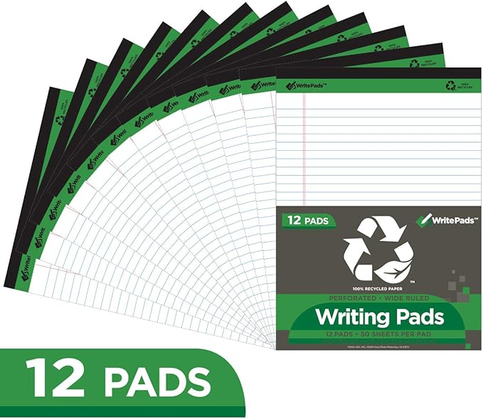 KAISA Legal Pads Writing Pads Recycled Paper Pads, 8.5"x11.75" Wide Ruled, 50 sheets/Pad 8-1/2"x 11-3/4" Large Perforated Writed Pad, White 24pads