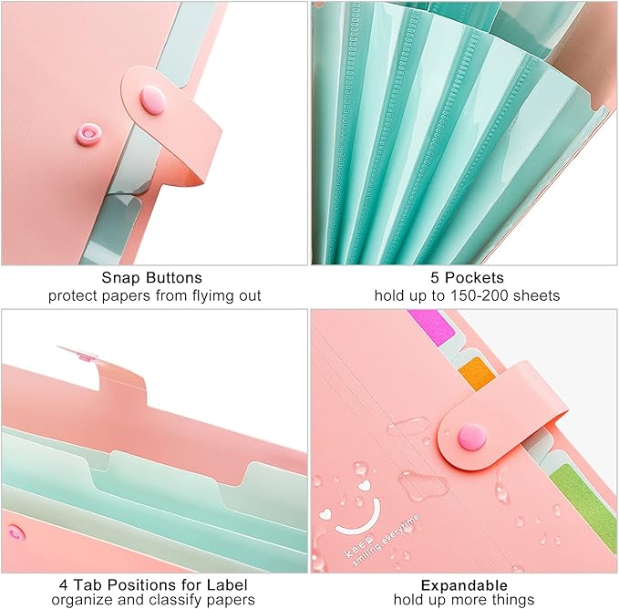 Forvencer Accordion File Organizer, Letter Size, 5 Pocket Expanding File Folder, Cute File Folder with Labels, Portable File Organizer for School Office Supplies, Folders for Documents, Pink