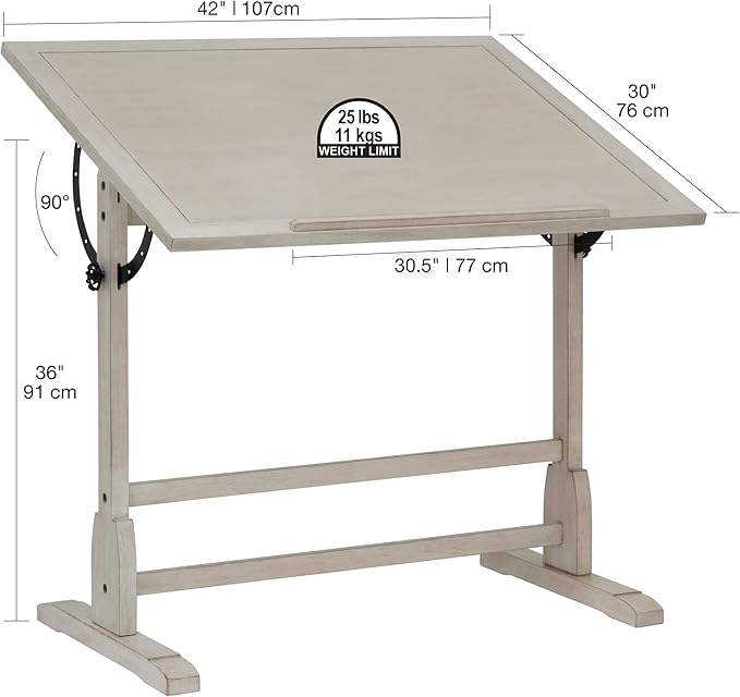 Studio Designs Wood Drawing/Drafting Table with Pencil Ledge - 42" W x 30" D - Whitewash - Tilting Top Adjustable Desk