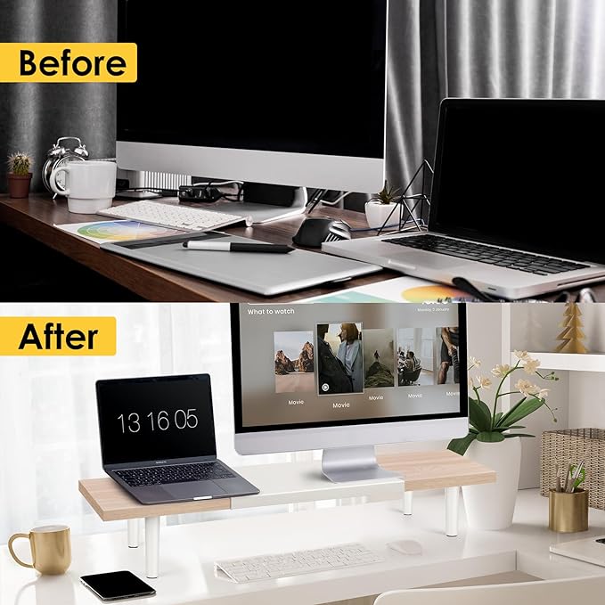 Dual-Monitor-Stand-Riser-For-Desk Adjustable Length 32-40 Inch,Large Desktop Computer Monitor Riser For 2 Screens,Desk Shelf Organizer Riser Stand For Computer/Laptop/PC/Printer/TV Maple