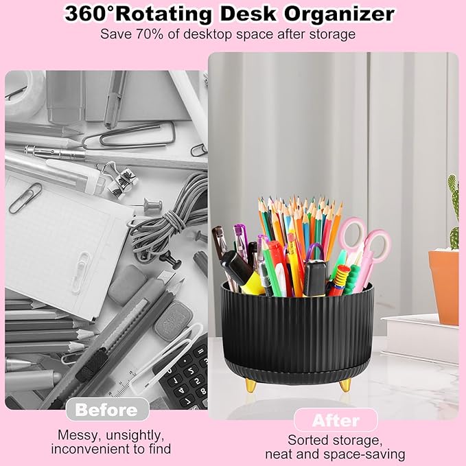 Black Desk Organizers and Accessories 10Pcs Set with 360-Degree Rotating Pen Holder, Tape Dispenser, Stapler, Staple Remover, 1000 Staples, Tape, Clips Set, Ruler, Scissor, Pen