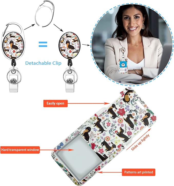 Cute Dachshund Badge Reels Retractable with Carabiner Reel Clip, ID Badge Holder Case with Detachable Lanyard Keychain, Nurse Doctor Office School Teacher Name Credit Card Pocket