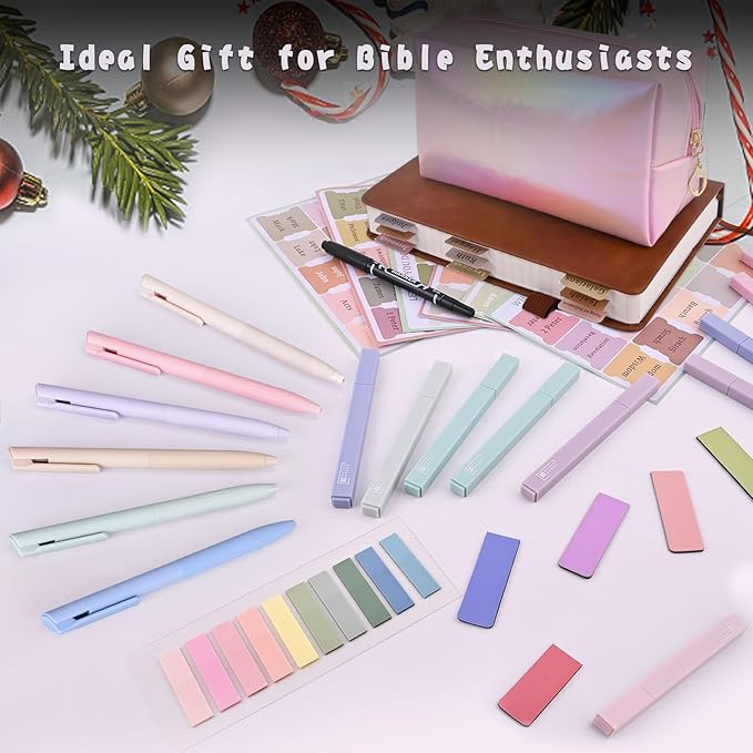 Bible Journaling Kit, Include 12 Bible Highlighters and 6 Pens No Bleed, 90 Laminated Bible Tabs, Magnetic Bookmarks, Sticky Notes, Bible Study Supplies Essentials Set for Women & Men