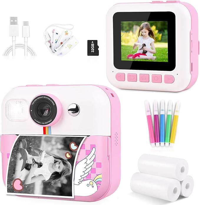 Kids Instant Print Camera, Upgrade Digital Camera for Toddlers Ages 3-12, 1080P HD Video Recorder with 32GB SD Card, 2.4" Screen, Birthday Gifts for 6-10 Year Old Girls Boys