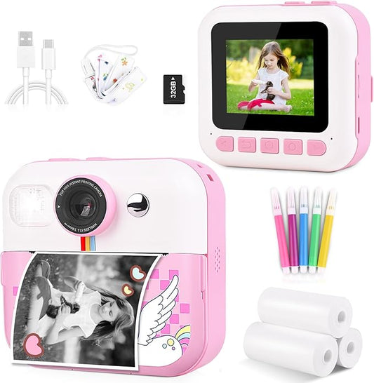 Kids Instant Print Camera, Upgrade Digital Camera for Toddlers Ages 3-12, 1080P HD Video Recorder with 32GB SD Card, 2.4" Screen, Birthday Gifts for 6-10 Year Old Girls Boys