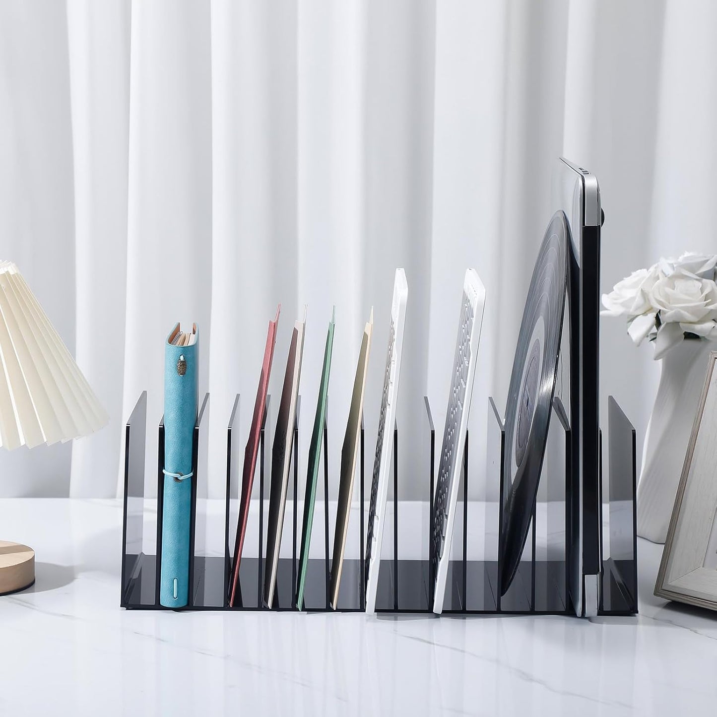 Ctosree Acrylic File Organizer for Desk Vertical 15 Compartments File Sorter Mail Organizer Desktop Countertop Folder Stand Racks for Office Home School Desk(Rectangle,Black)