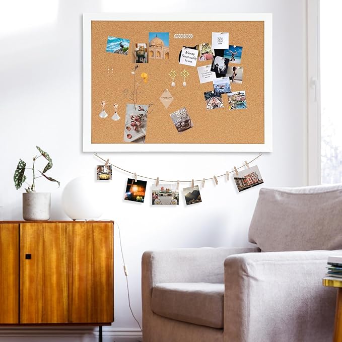 DOLLAR BOSS Cork Board Bulletin Board with Linen Double-Sided 30" x 20" Linen Corkboards for Walls Picture Display Vision Board for Office Home School Framed Picture Pin Board, 20 Pushpins 10 Clips