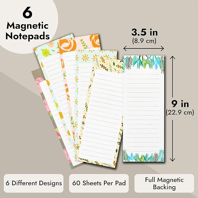Juvale 6-Pack Magnetic Grocery List Pad for Fridge- Cute Shopping List Paper Note Pads for Refrigerator, To-Do Memos (6 Floral Designs, 60 Sheets Each)