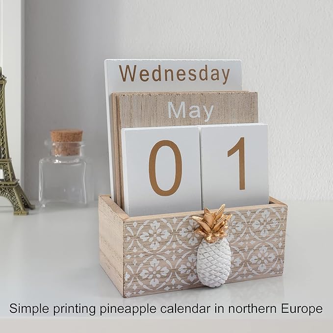 Notakia Vintage Wood Block Perpetual Calendar Month Week Date Display for Home Office Desk Rustic Decoration, Brown pineapple