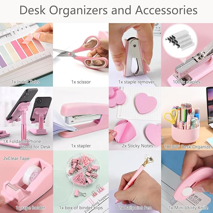 Office Supplies,Desk Accessories,with Stapler,Tape Dispenser,Staple Remover,Scissor,Ballpoint Pen,Sticky Notes,Clear Tape,Staples,Desk Organizer,Phone Stand,Binder,Index Tabs,Best gift set(Black)