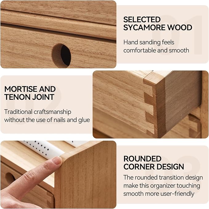 KIRIGEN Desk Organizer with 3 Drawers - Wood Drawer Storage Box with Trays for Tabletop - Workspace Office Toiletries Supplies Tool Caddy - Wooden Storage Cabinet Natural(DT1D3C-NA)