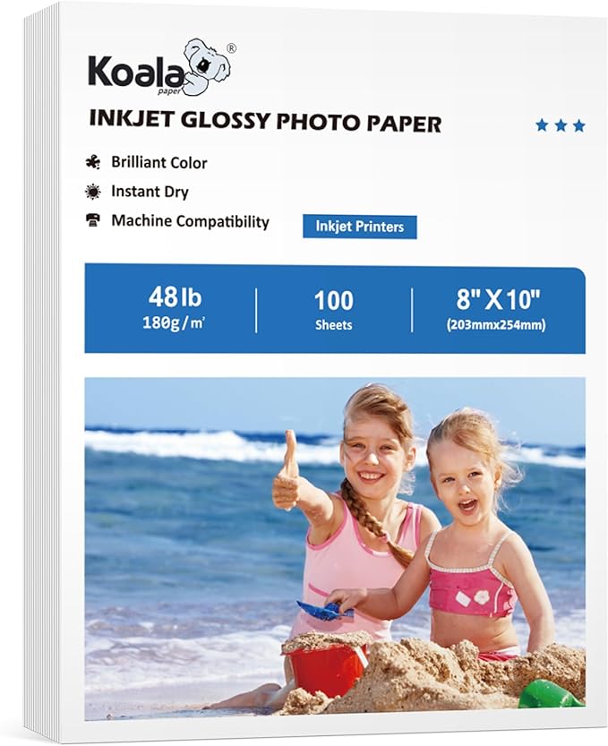 Koala Glossy Inkjet Photo Paper 8X10 Inches 48lb 100 Sheets Professional Glossy Photographic Paper Compatible with Inkjet Printer Use DYE INK 180GSM