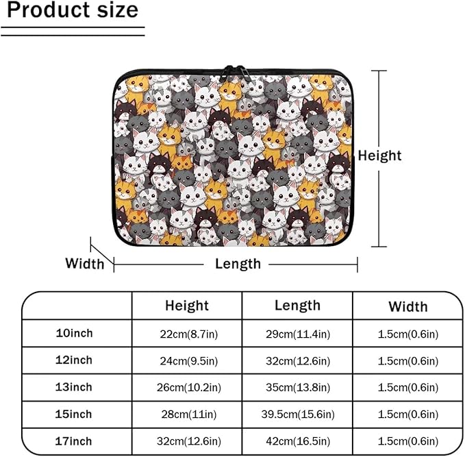 Cartoon Cats Printed Laptop Bag for Women Men, 10 Inch Laptop Sleeve Case Water Resistant Neoprene Computer Case Bag Laptop Briefcase Tablet Briefcase Carrying Bag, Multicolor