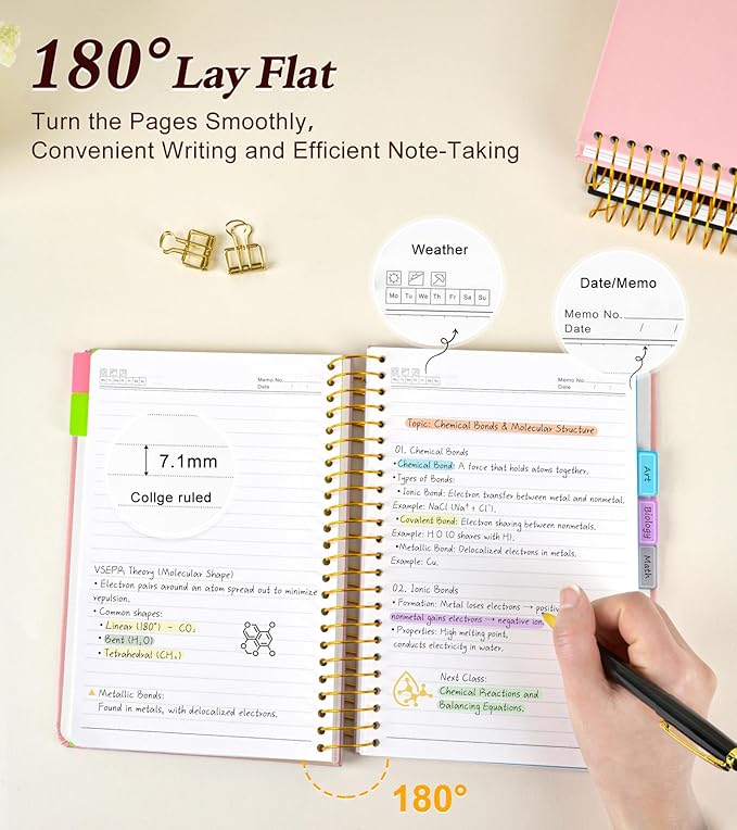 5 Subject Notebook College Ruled with Removable Pocket Dividers Tabs, 240 Pages Spiral Notebook 8.5 x 11, Lined Journal Notebook for Women , Hardcover Notebooks for Work School Note taking A4 Pink