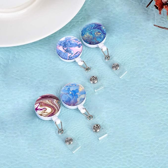 Retractable ID Badge Holder Nurse Badge Reels with Clip Name Card Holders for Office Worker Doctor Nurse (4 Pack Colorful Marble B)