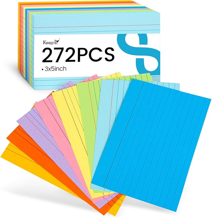 Koogel Index Cards 3 x 5 Inch, 272 Count, Ruled on both Sides, 8 Assorted Colors, Note Cards for Studying School Supplies College Office