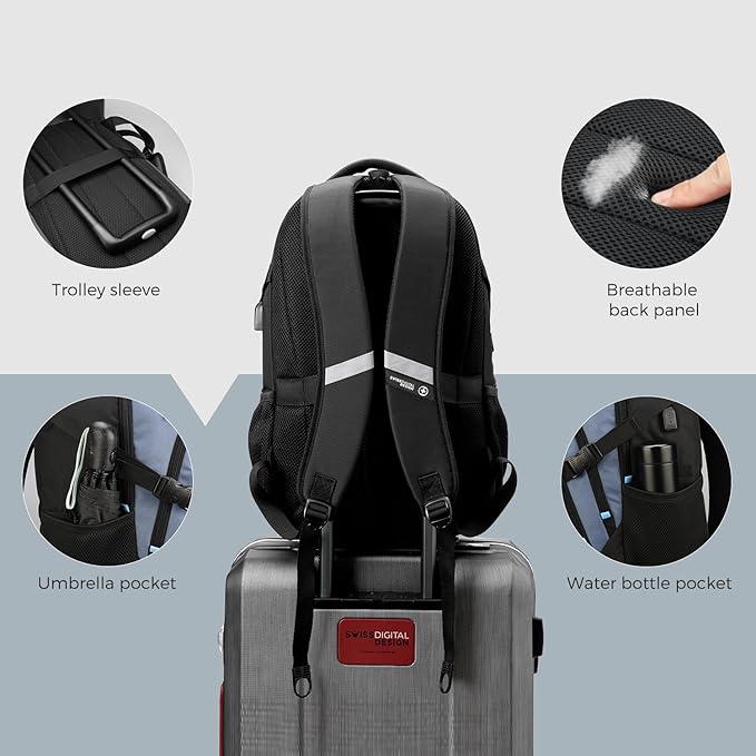 Swissdigital Design Large Business Laptop Backpack with Smart USB Charging Port Travel Backpack Fits 15.6 inches laptops (VECTOR SD803-16 Haze Blue/Black) One Nation One World