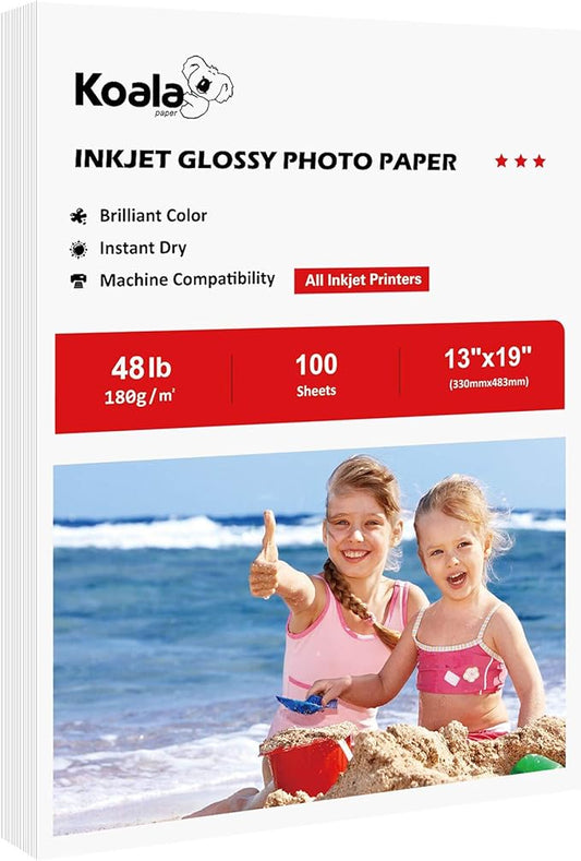 Koala Glossy Inkjet Photo Paper 13X19 Inches 48lb 100 Sheets Professional Glossy Photographic Paper Compatible with Inkjet Printer Use DYE INK 180GSM