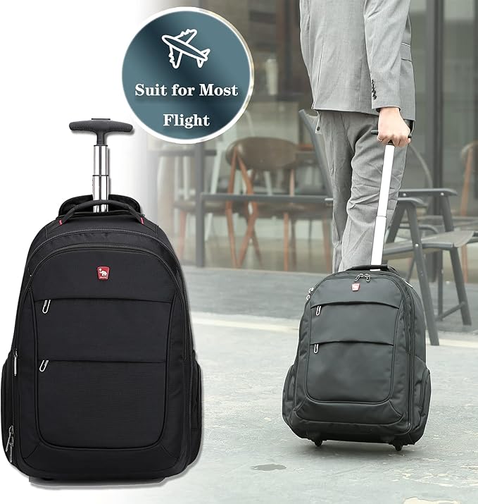 OIWAS 17.3 inch Rolling Backpack with Wheels, Laptop Wheeled Backpack with Wheels for Adults, Travel Carry on Luggage Business Roller Computer Bag Work Trolley Suitcase 36L Men Women Black