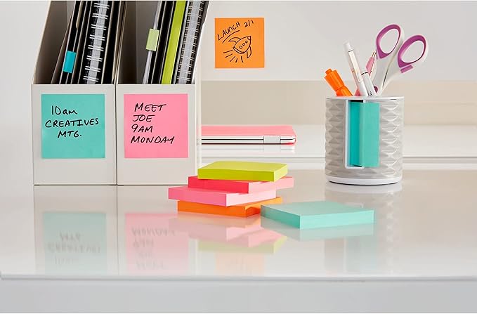 Post-it Super Sticky Notes, 12 Sticky Note Pads, 3 x 3 in., School Supplies, Office Products, Sticky Notes for Vertical Surfaces, Monitors, Walls and Windows, Supernova Neons Collection