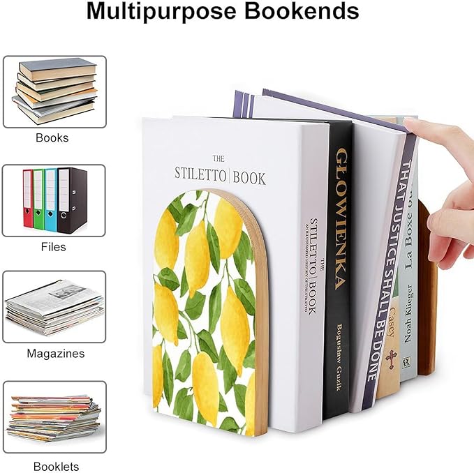 Lemon Tree Leaves Wooden Large Book Ends Bookends for Shelves, 2 Pack Non-Skid Bookends for Heave Books, Book Stoppers Holders for Kitchen Office Library, 6.7x4.7x3.9in
