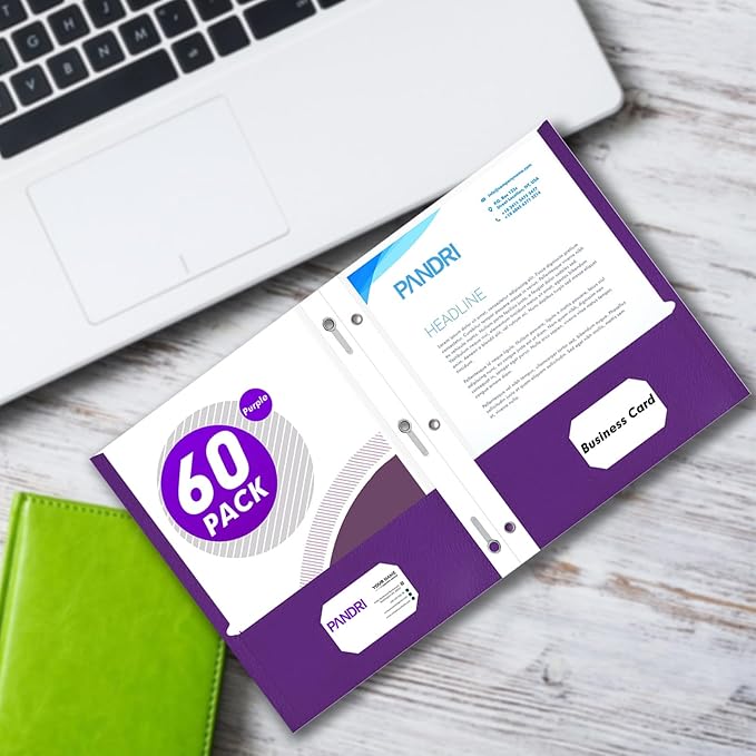 Two Pocket Folders, PANDRI 60 Pack Two Pocket Folders with Prongs, 3 Prong Folders Designed for Office and Classroom, Letter Size Purple