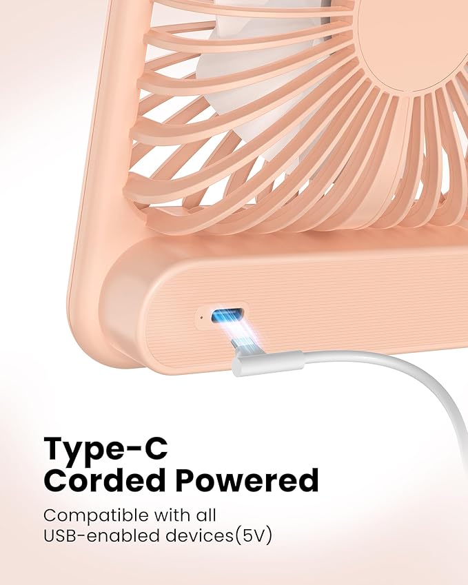 Koonie USB Desk Fan, Strong Wind Ultra Quiet Small Personal Fan with 180° Tilt Folding and 3 Speeds Adjustable, USB-C Corded Powered Mini USB Fan for Office Desktop Bedroom Pink