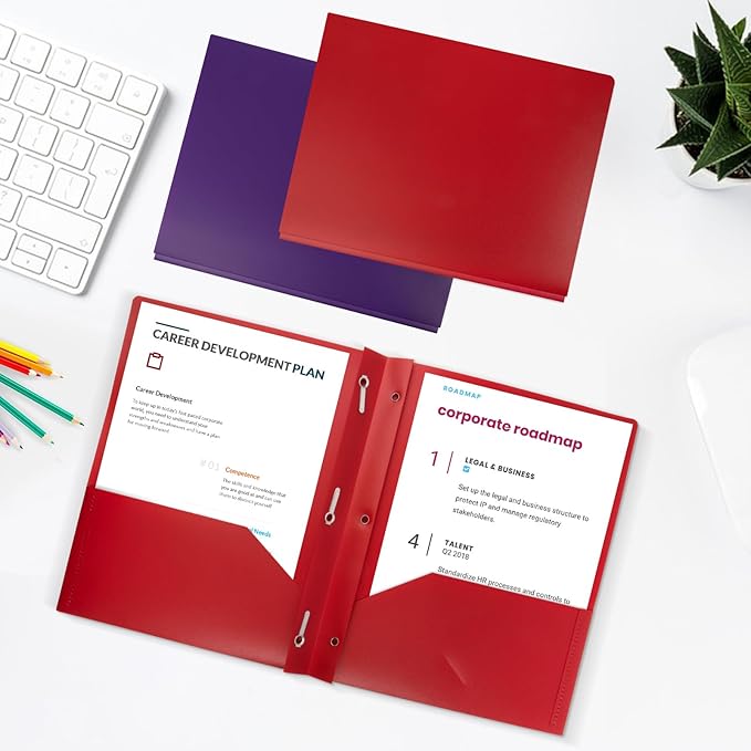 12-Pack Plastic Folders with Pockets and Prongs,2-Pocket Folders with 3 Fasteners, Poly Folders Holds 8-1/2" x 11" Paper for School/Office/Home, Red