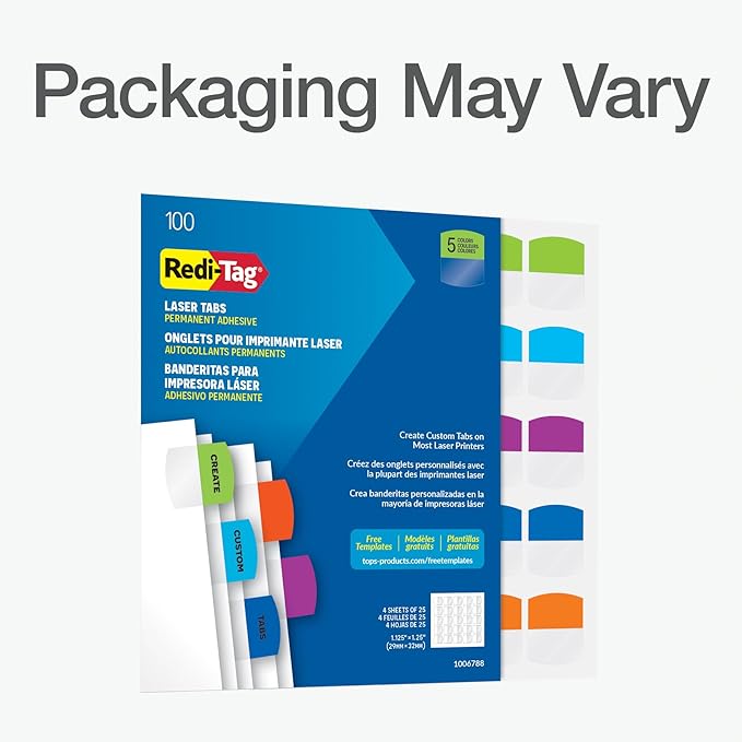 Redi-Tag Laser Printable Tabs, Permanent Index Tabs, Customizable Adhesive Labels, Assorted Tropical Colors, 1.125" x 1.25", 100 Per Pack (1006788)