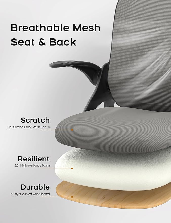 Mesh Office Chair Ergonomic Desk Chair with Up&Down Front&Rear 2 Dimensions Adjustable Lumbar Support and Flip-up Arm Rocking Comfy Swivel Computer Task Chair for Home Office(Black-Gray)