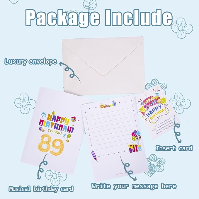 Gumry 89TH Musical Birthday PopUp Card, Blowable Colorful Light Candle 3D Cards with Song, Applause Cheers Sound, Greeting Cards Birthday Gifts Decorations for Women Men Turning 89 Years Old