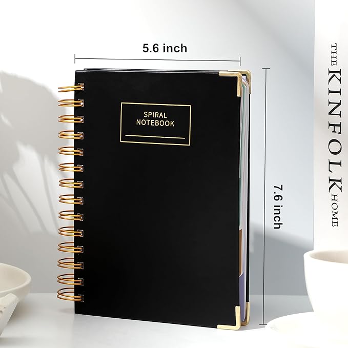 Hardcover Spiral Notebook with Tabs 5.5"x7.5" Small Spiral Lined Journals for Women with Dividers 220 Pages College Ruled Composition Notebook 5 Subject Notebook for Work, Back to School, Gifts, Black