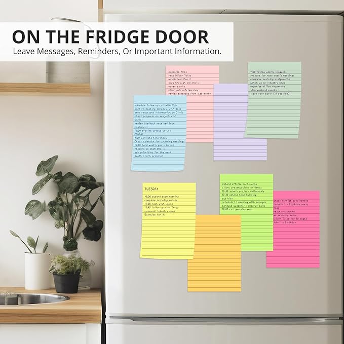 Lined Sticky Notes, 8 Pads, 4x6 inches Bright Sticky Note Pads with Lines, Colorful Self-Stick Note Pads, Perfect for Office Home School Desk Accessories, 35 Sheets/pad - Vibrant Colors