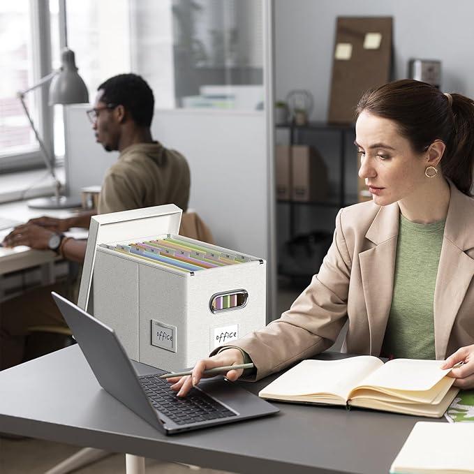 Hanging File Filing Box with Lid, Linen Collapsible File Organizer Box for Hanging Folder, Office/Home Decorative Storage Boxes Filing Cabinet (Off White, 14x9.3x10.9)