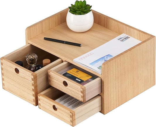 KIRIGEN Desk Organizer with 3 Drawers - Wood Drawer Storage Box with Trays for Tabletop - Workspace Office Toiletries Supplies Tool Caddy - Wooden Storage Cabinet Natural(DT1D3C-NA)
