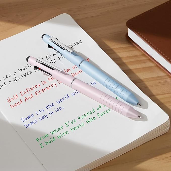 Sooez Multicolor Pen in One, Sleek Metallic 4 Color Ballpoint Pens, Medium Point (1.0mm), Retractable Ball Pen with Stylus Tip, Journaling Planner Pens for Nursing School Office Supplies, 3 Pack, Pink
