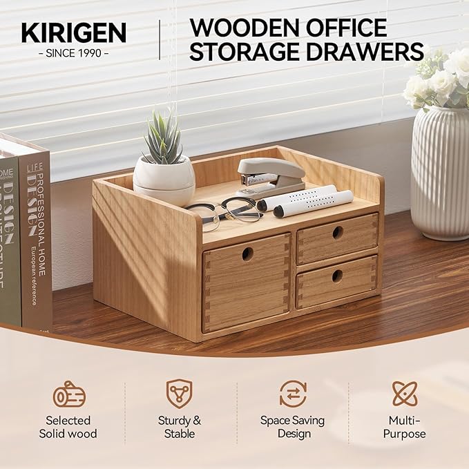 KIRIGEN Desk Organizer with 3 Drawers - Wood Drawer Storage Box with Trays for Tabletop - Workspace Office Toiletries Supplies Tool Caddy - Wooden Storage Cabinet Natural(DT1D3C-NA)