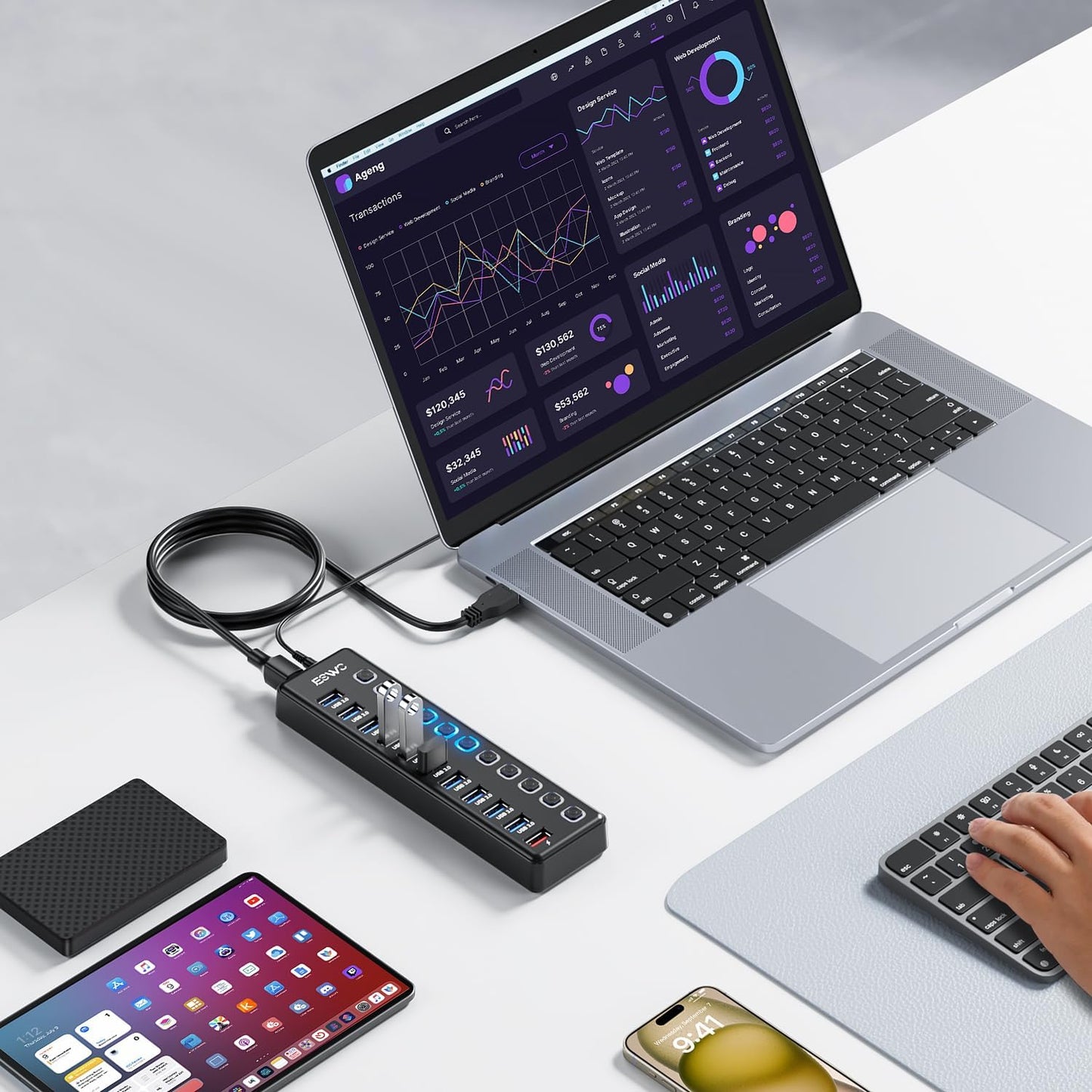 Powered USB Hub, JESWO 11 Port USB 3.0 Hub, 10 USB 3.0 Data Transfer Ports + 1 Smart Charging Port, USB Hub Powered with Individual LED On/Off Switches and 12V/3A Power Adapter