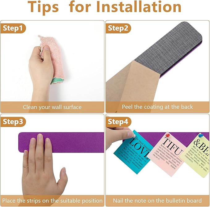 Felt Pin Board Bar Strips Bulletin Board for Bedrooms Offices Home Wall Decoration, Notice Board Self Adhesive Cork Board with 35 Push Pins for Paste Notes, Photos, Schedules (Purple)