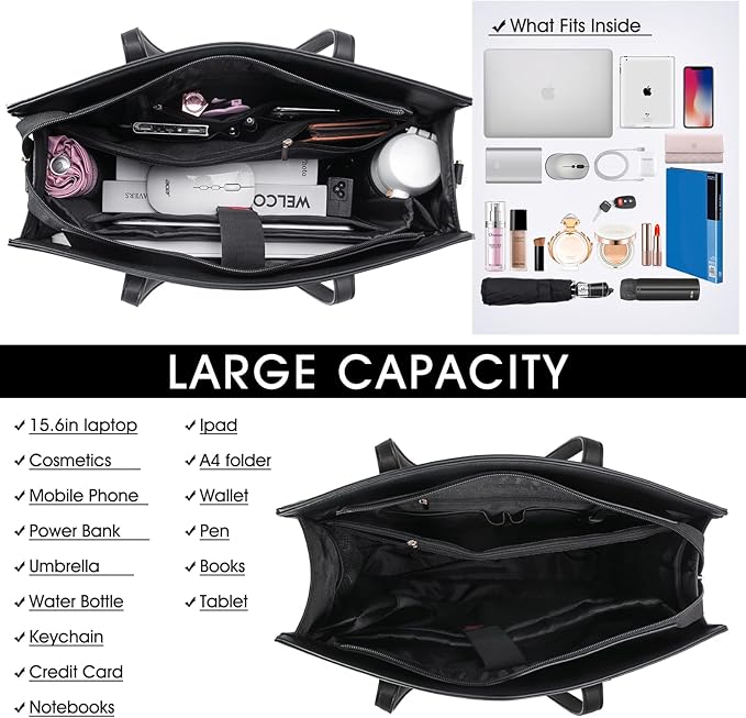Laptop Bag for Women 15.6 Inch Laptop Tote Bags PU Leather Lightweight Womens Computer Bag Office Shoulder Bag Handbag Large Capacity Fashion Work Briefcase Bag 2PCs Black Crocodile Pattern